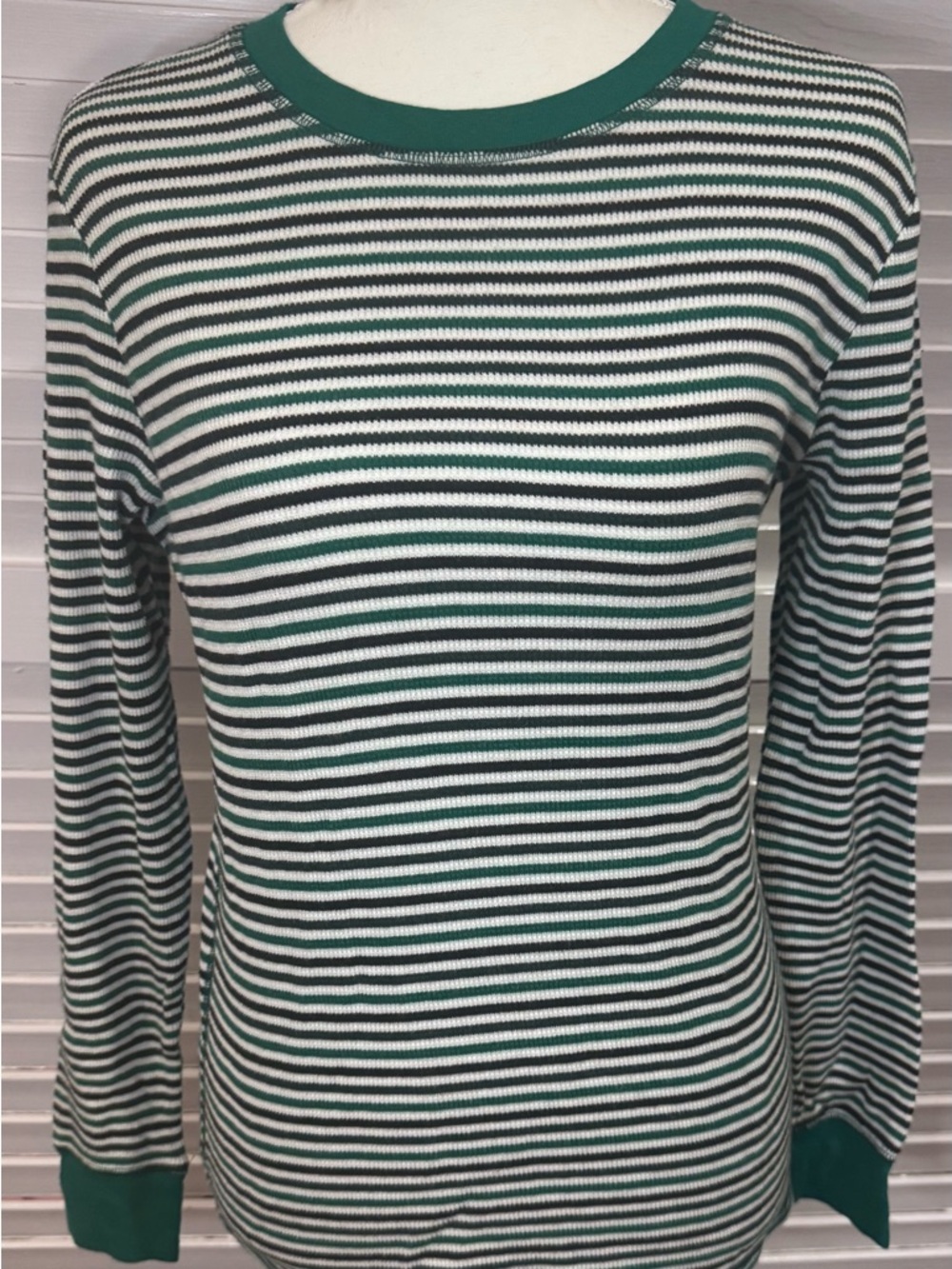 Victoria’s Secret Striped Long Sleeve Top Green White Stretch Cotton Medium